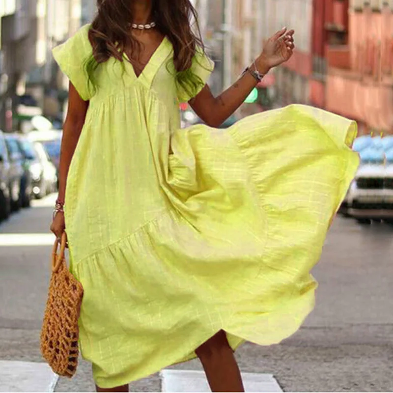 

Women Solid Boho Long Dress Sexy V Neck Short Sleeve Baggy Dress Summer Female Casual Pleated Beach Plus Size Dress 3XL