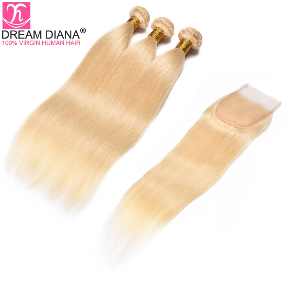 DreamDiana 613 Malaysian Hair Platinum Blonde Bundles With Closure Remy Straight Hair Bundles With Closure 100% Blond Human Hair
