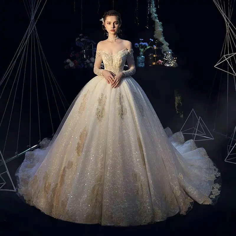 

Amanda Design Off Shoulder Long Sleeve Lace Applique Long Train Wedding Dress