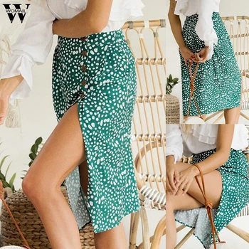 

Womail Skirts Womens High Waist Split Midi Skirts Button Green Leopard Dot Print Summer Skirt Sexy High Fashion Boho Skirt M523