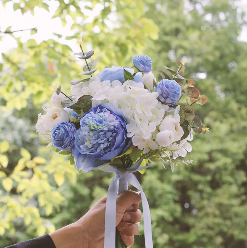 JaneVini винтажный Свадебный букет Синие Свадебные цветы Искусственные белые шелковые розы невесты искусственный букет весенний Свадебный букет