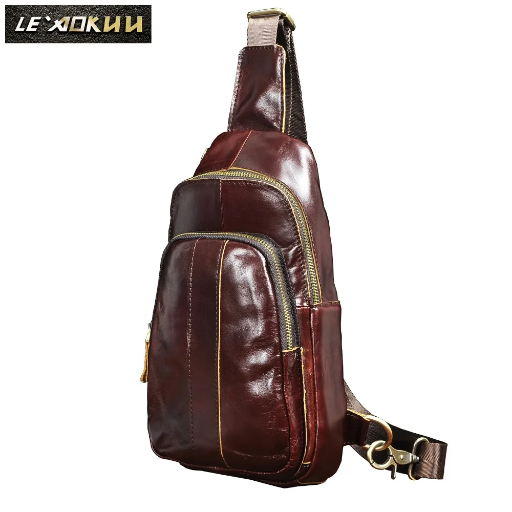 

Quality Leather Men Casual Fashion Travel Triangle Chest Sling Bag Design 8" Tablets One Shoulder Strap Bag Daypack Male 8006c