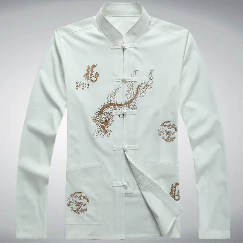 Мужская рубашка размера плюс XXXL, темно-синяя с вышивкой дракона кунг-фу, китайский стиль, хлопок, длинный рукав, Wu Shu, одежда MS102 - Цвет: White