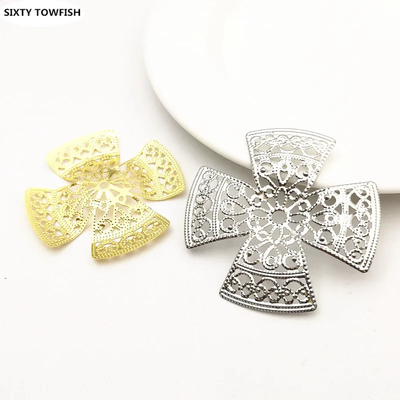 

10 pcs/lot 54mm Gold color/White K Metal Filigree Cross Flowers Slice Charms base Setting Jewelry DIY Components Findings