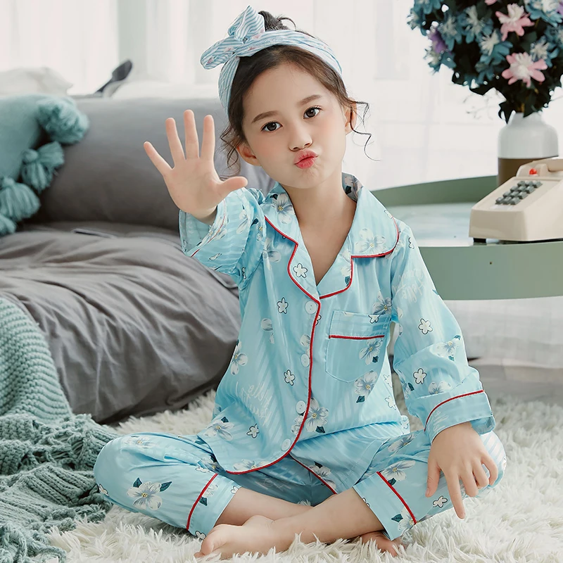 Girls Pajamas Autumn Winter Long Sleeve Children's Sleepwear Set Silk Pajamas Suit Pyjamas Sets for Kids Tracksuit Set