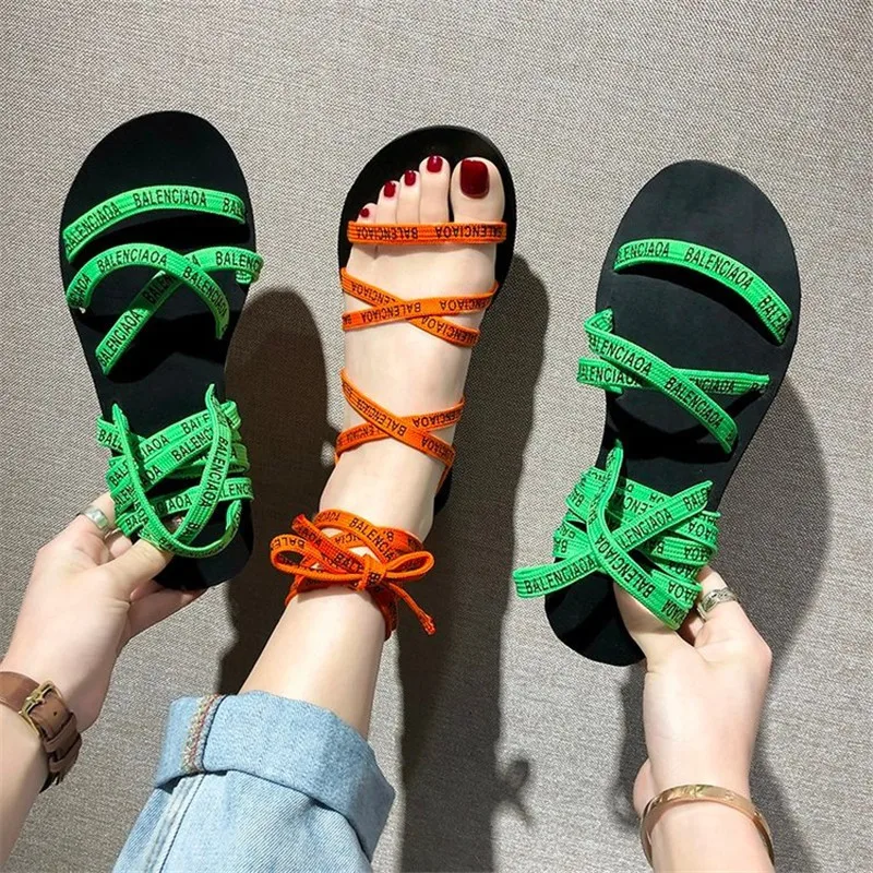 

Women Sandals 2019 Fashion Summer Woman Flat Sandals Ankle strap Multicolor letter Sandals Non-slip Roman Shoes Chaussures Femme