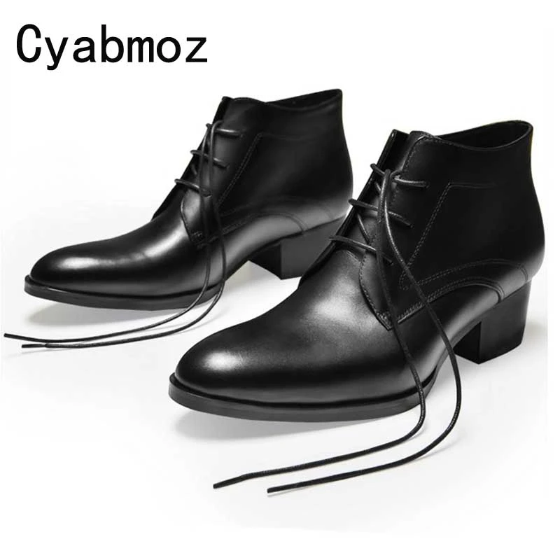 Botines de piel auténtica para Hombre, Zapatos de tacón grueso, botas vaquero, de tacón alto, cordones, color negro| | - AliExpress