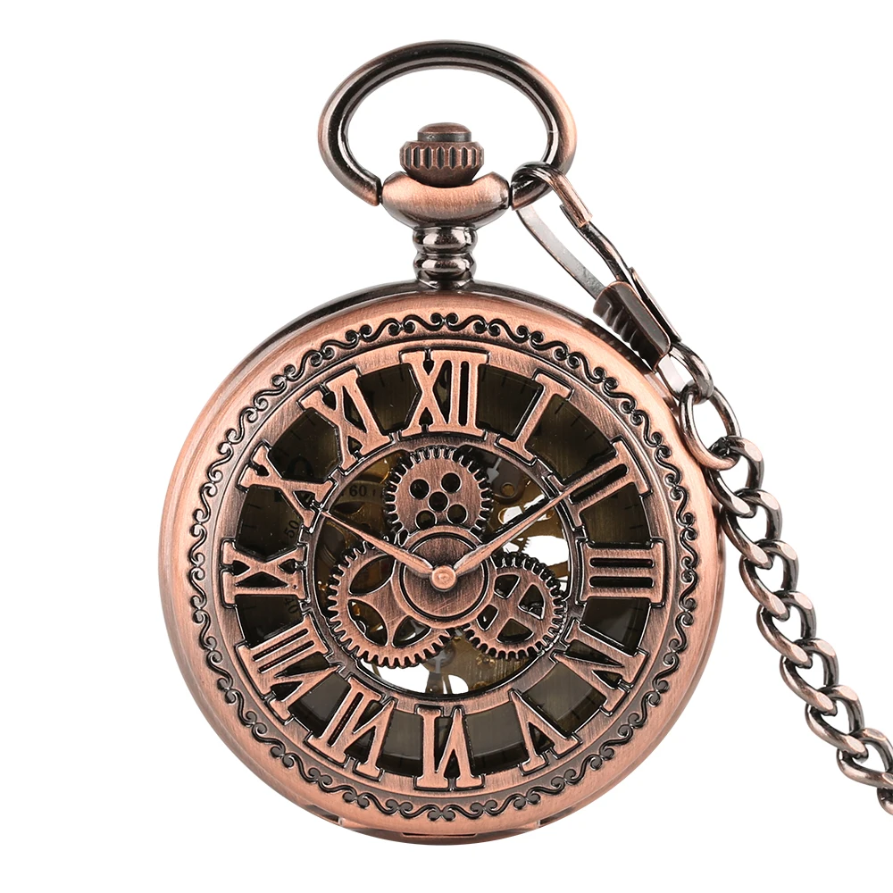 Fob Mechanical Hand Winding Pocket Watches With Chain Steampunk Necklace Gear Hollow Red Bronze Roman Numbers Unisex Watch reloj (10)