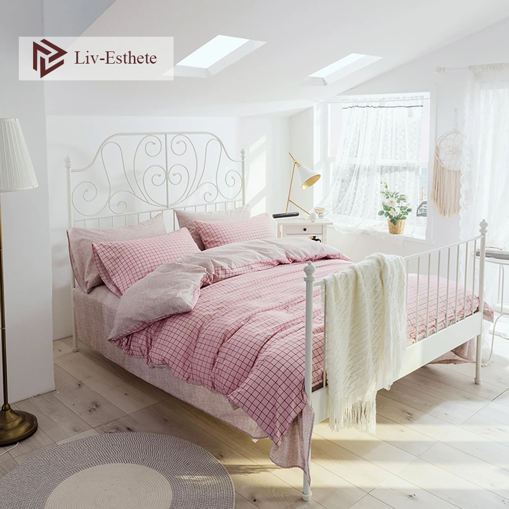 

Liv-Esthete Elegant Pink Grid Bedding Set Modern Duvet Cover Flat Sheet Pillowcase Single Double Queen King Bed Linen For Adult