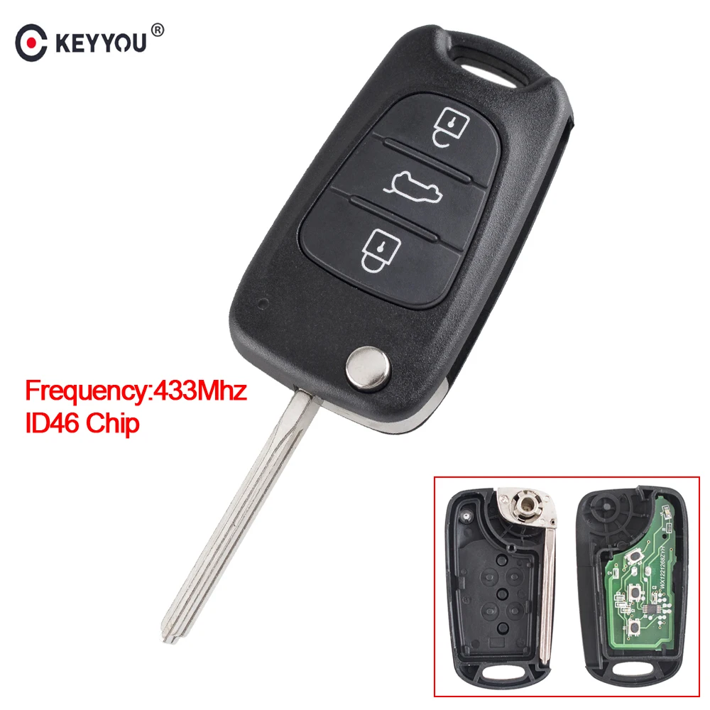 

KEYYOU 3 Buttons Flip Remote Key ID46 Chip 433Mhz Fob For Kia K2 K5 Sorento Sportage Car Key Auto Keyless Entry Key