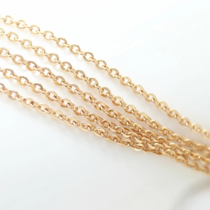 2Meter width:1.5MM 2MM 24K Champagne Gold Color Plated Brass Flat Oval Chains Necklace Chains High Quality Jewelry Accessories Jewelry Findings