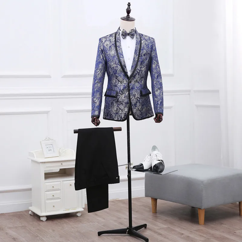 Мужской костюм из двух предметов (куртка + штаны) мужской Синий принт на одной пуговице модный обтягивающий Повседневный пиджак свадебное