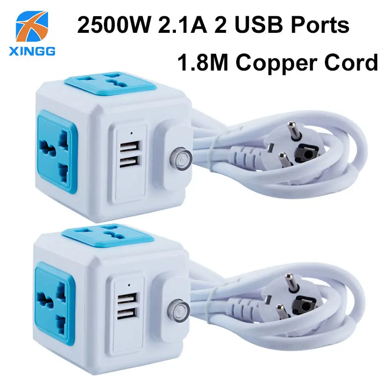 

XINGG Smart USB Power Strip EU Plug 1.8m Cord Powercube Universal Power Extension Socket with 2 USB Charging ports