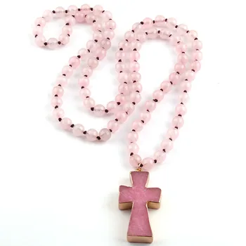 

Fashion Bohemian Tribal Jewelry Pink Stones Beads Knotted Cross Necklace For Women
