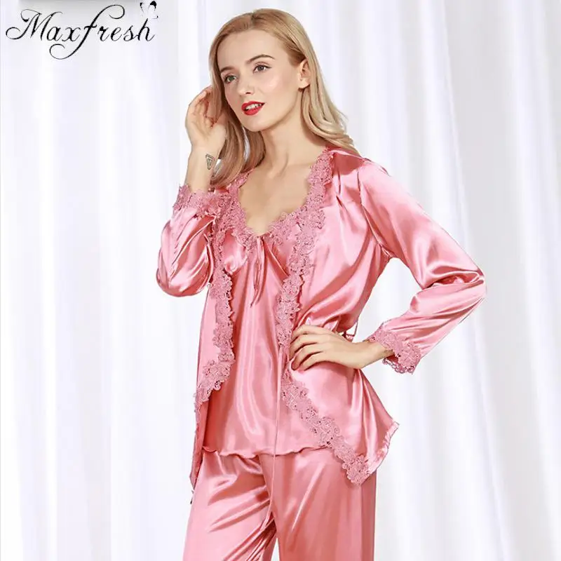 Maxfresh осень для женщин пижамы с длинными рукавами дамы три комплекта шелковые