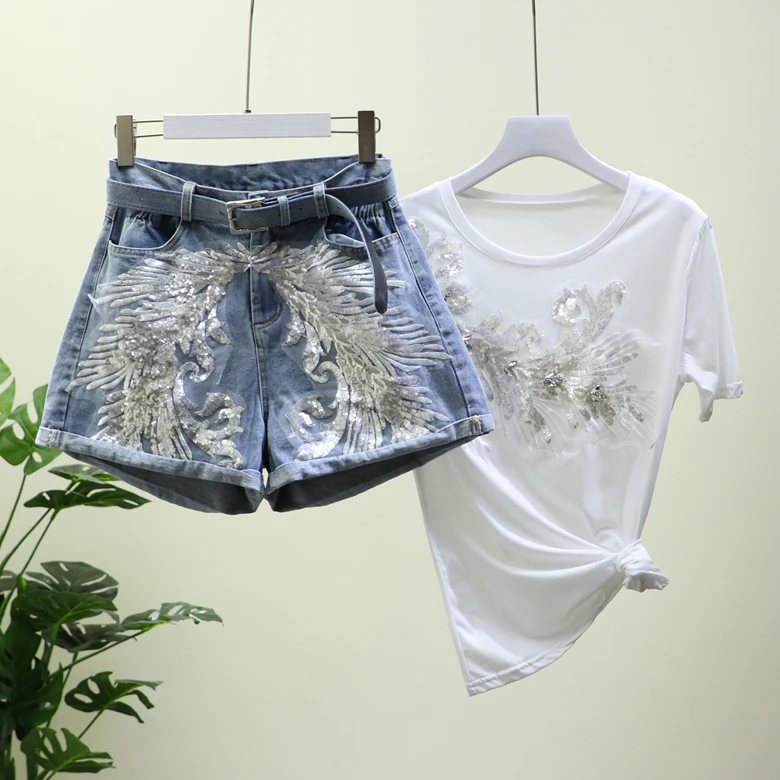 

2019 Summer New Denim Shorts and T-shirt Two Sets Women Suits Sequins High Waist Cowhoy Shorts Girls Short Jean Set Hot Pants