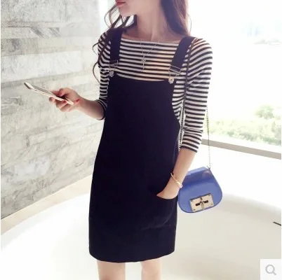 Image 2016 spring stripe Korean maternity dress suspenders skirt dress dress strap Two piece suit pregnant women 15282m