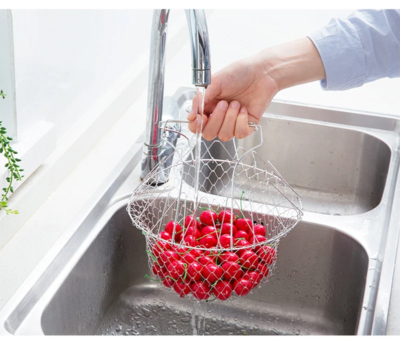 TUUTH Stainless Steel Fried Filter Basket Drainage Rack Fruit Basket Telescopic Folding Chef Kitchen Tools Accessories B4