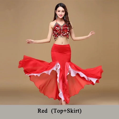10 цветов юбка для танца живота костюм женский танец монеты топы для тонких девочек танец живота блестки бисером одежда с бюстгальтером пояс юбка - Цвет: Red(2pcs)
