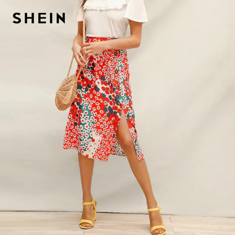

SHEIN Multicolor Shift Allover Daisy Button Detail Split Midi Skirt Women Summer Pastoral Casual A-Line High Waist Skirts