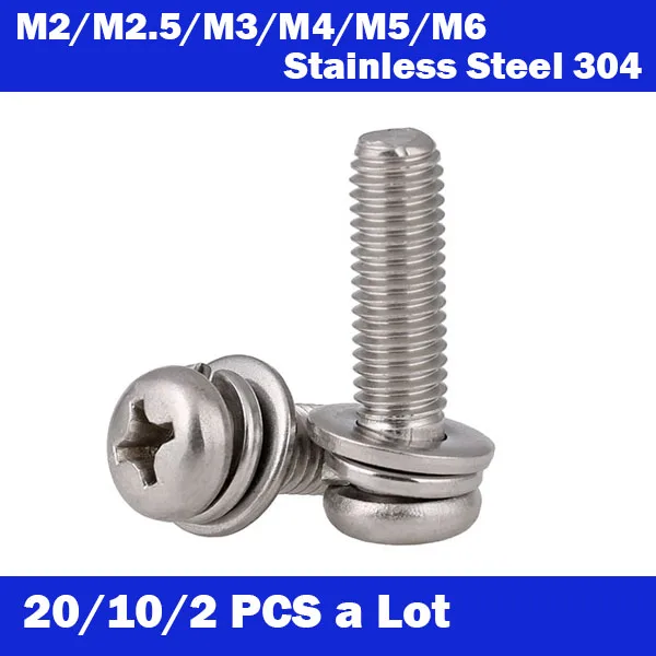

20/5/2PCS M2/M2.5/M3/M4/M5/M6 Combination Pan Head Phillips Round Head screws 304 Stainless Steel Pan Head screws