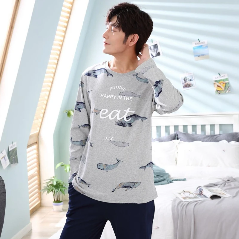 Высокое качество Хлопковая пижама комплект для Для мужчин осень-зима с длинным рукавом мультфильм печати Пижама мужской домашней одежды Домашняя одежда домашняя одежда