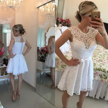 

White 2019 Elegant Cocktail Dresses A-line Cap Sleeves Short Mini Lace Pearls Party Plus Size Homecoming Dresses