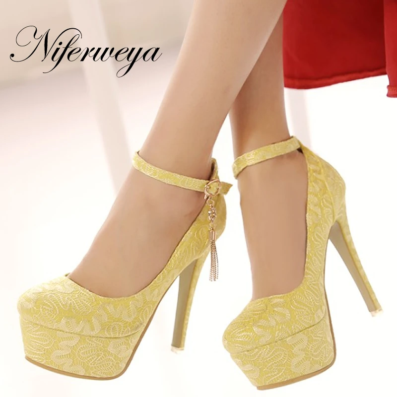 

New spring/autumn Ankle Strap red women wedding shoes Big size 33-48 sexy Round Toe Platform Thin Heel high heels zapatos mujer