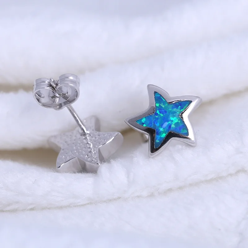 ROLILASON высокое качество звезды дизайн синий огненный опал серебряные штампованные для женщин серьги гвоздики модные ювелирные изделия OE752
