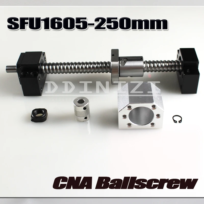Ballscrew 250mm SFU1605 rolled ball screw C7 with end machined +1605 ball nut + nut housing+BK/BF12 end support + coupler RM1605 Ballscrew 250mm SFU1605 rolled ball screw C7 with end machined +1605 ball nut + nut housing+BK/BF12 end support + coupler RM1605