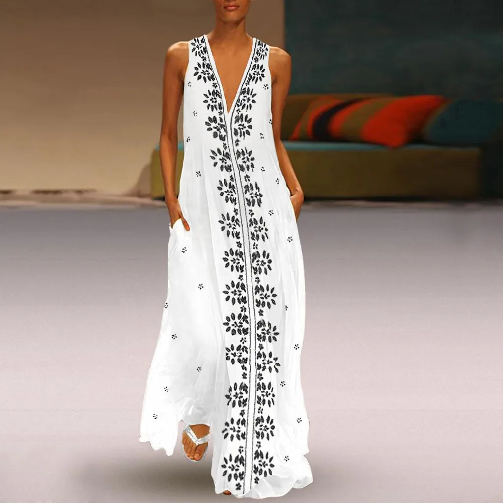 vestido Women Casual Dress Sleeveless V-neck Flower Print Maxi Tank Long Dress dresses woman party night Bohemian Beach Dresses