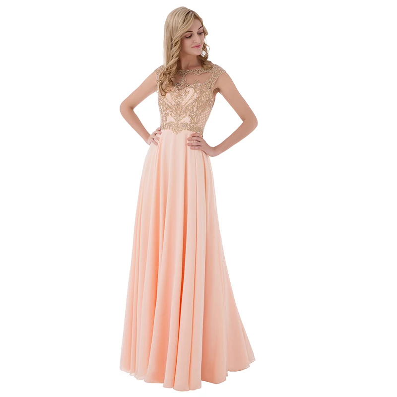 New Arrival Cheap Long Prom Dresses Chiffon Sheer Neck Illusion Back Evening Party Gown Beading Bodice Formal Women Dress OL475