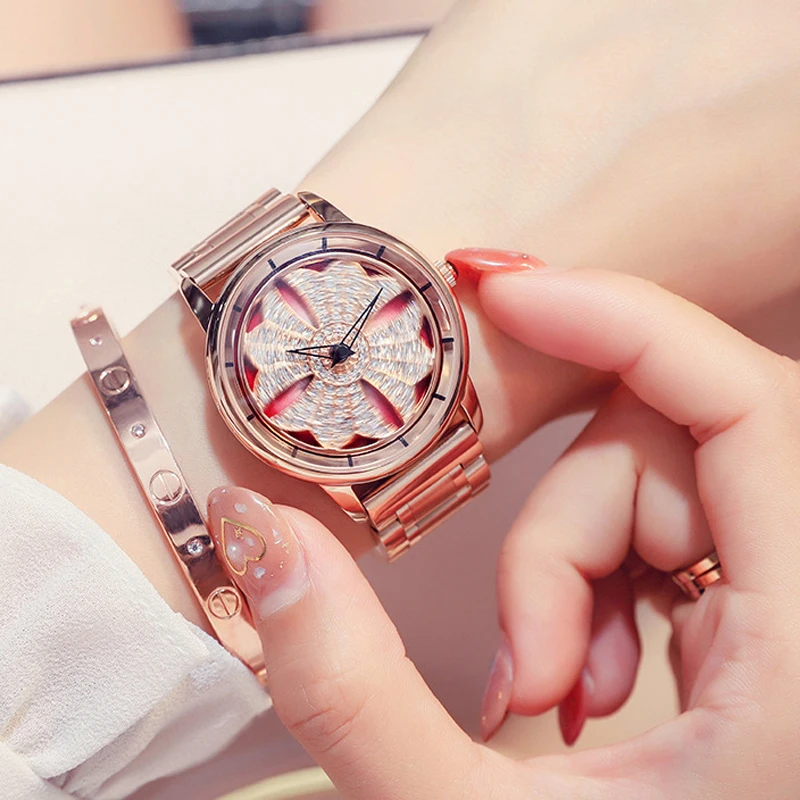 

Rose Gold Watch Woman Quartz Watch Brand Girl Clock Steel Band Bracelet Watch Luxury Ladies Watch Rotating Dial Relogio Feminino