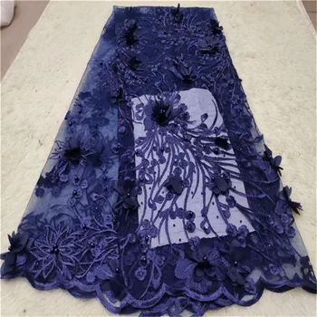 

3D Embroidery Lace Fabrics Lake Blue, High Quality Flower beads Lace Fabric For Dress, Nigeria Tulle Lace Fabric For Wedding