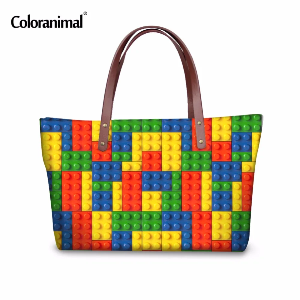 cheap Coloranimal 3D Tetris Printing Women Large Handbag for Ladies Female Travel Shopping Big Shoulder Bag Girls Woman Tote Purse Bag