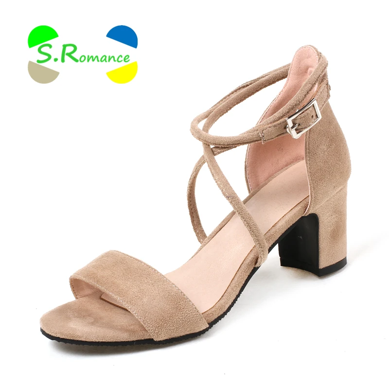 

S.Romance Women Sandals Size 34-42 Soft Flock Upper Cross Tie Med Square Heels Buckle Strap Women's Fashion Shoes SS075