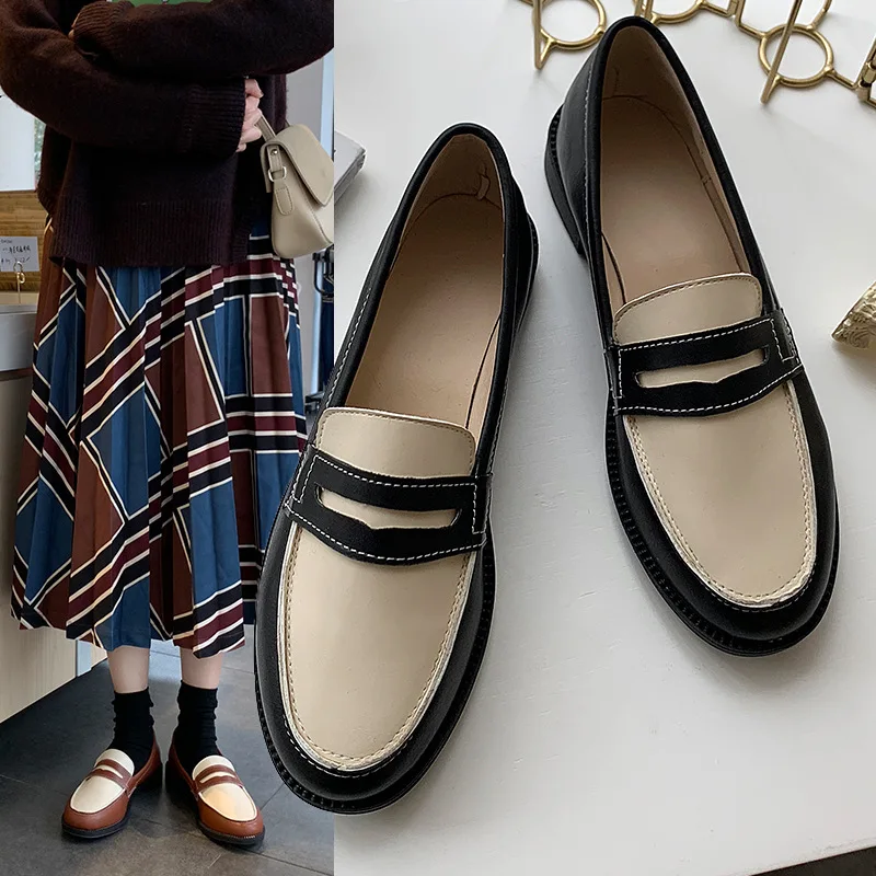 

2019 spring Korean version new ins shoes women's retro stitching women's loafers White collar student OL Literary Fan Ping shoes