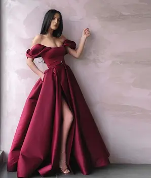 

Elegant Burgundy Original Evening Dress With Slits Off The Shoulder Floor Length Silk Satin Prom Dresses 2019 With Pockets