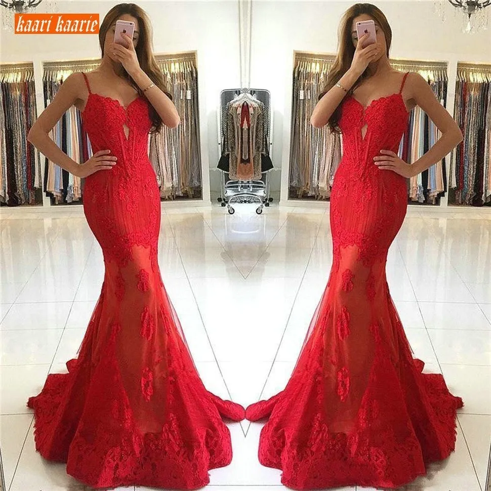 

Sexy 2019 Mermaid Evening Dresses Slim Fit Banquet Formal Dress Sweetheart Tulle Lace Appliques Red Party Long Evening Gowns New
