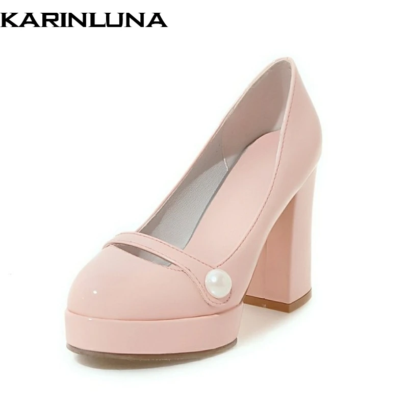 

KARINLUNA big size 32-43 Fashion Square High Heel Party Wedding Shoes Patent Upper Black White Red Patent Upper Platform Pumps