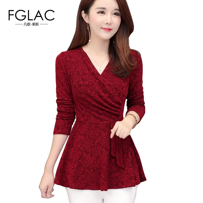 FGLAC, женская блузка, новая мода, повседневная, длинный рукав, v-образный вырез, осенняя рубашка, элегантная, тонкая, высокая талия, с оборками, блузка размера плюс, рубашка - Цвет: Бургундия
