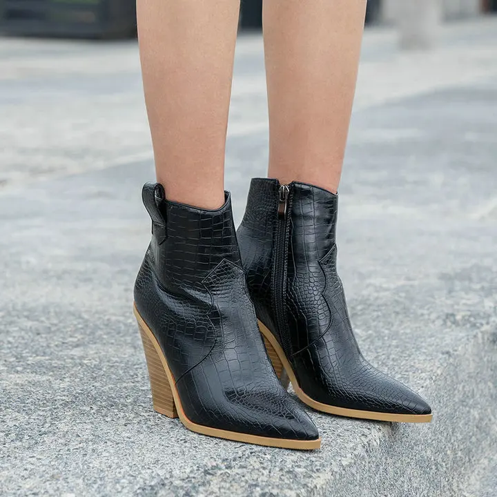 Fashion Ankle Boots Women Faux Leather Wedges High Heels Western Boots Pointed Toe Zipper Autumn Winter Short Boots Woman Shoes