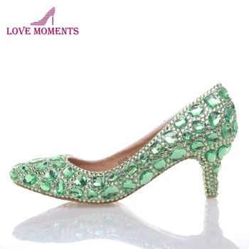 

Green Rhinestone Pumps Wedding Party Shoes Middle Heel Pointed Toe Graduation Prom Dancing Shoes Crystal Mother of Bride Shoes
