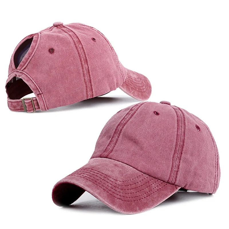 

Baseball Cap Solid Washed Cotton Ponytail Hat Headwear Outdoor Adjustable Back Closure Snapbacks