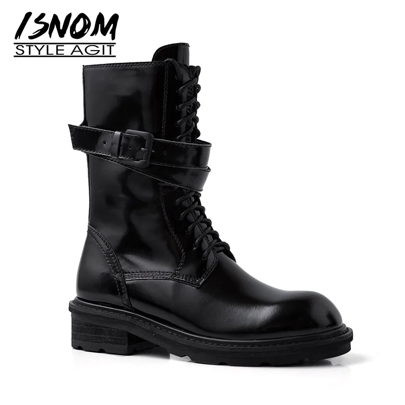 ISNOM/мотоциклетные ботинки женская военная обувь до середины икры обувь с квадратным носком женская повседневная обувь на толстом каблуке Женская обувь осень