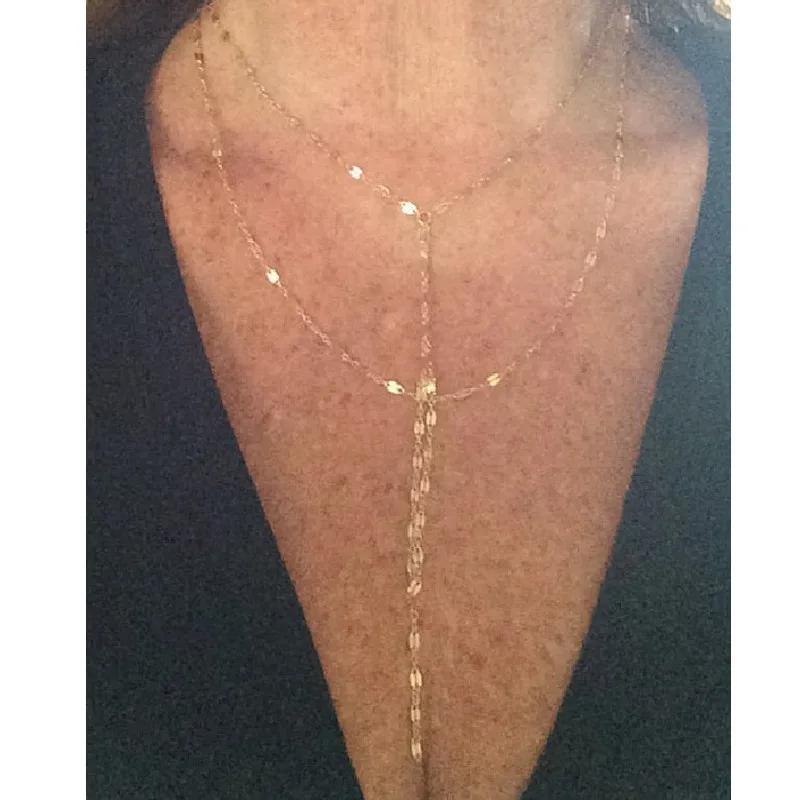 Double strand lariat necklace, Y layering necklace, lariat long gold
