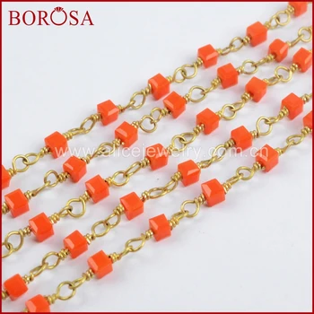 

BOROSA 5Meters Gold Color Brass Chains Square Orange Quartz Beads Rosary Chain Fashion Beaded Chains for Jewelry Making JT218