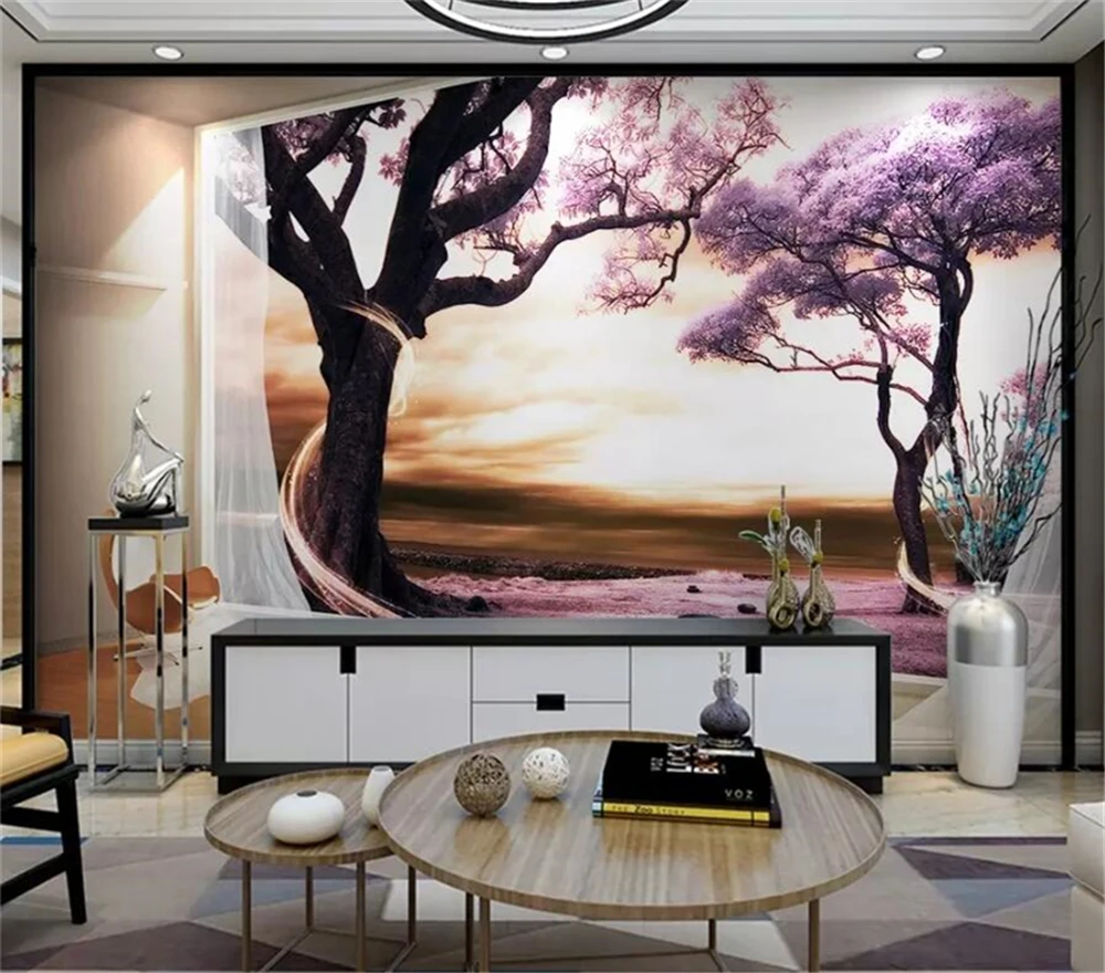 Декоративные обои 3D пространство расширяет окно пейзаж с фиолетовой стена с изображением дерева живопись