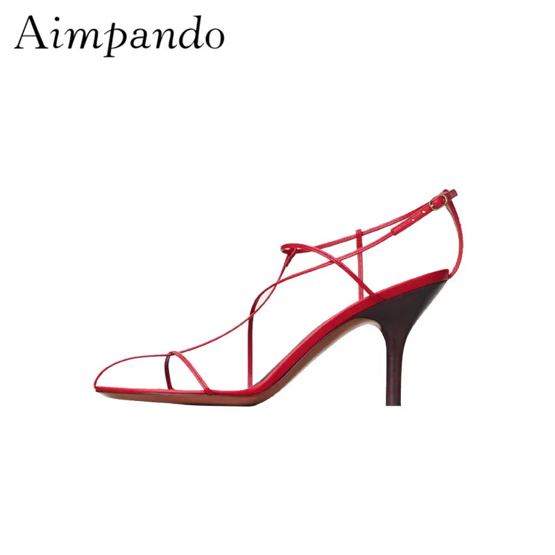 

New 2018 Summer Sandalias Sexy Narrow Band Open Toes Back Strap Thin Heels Red Black White Sandals Women