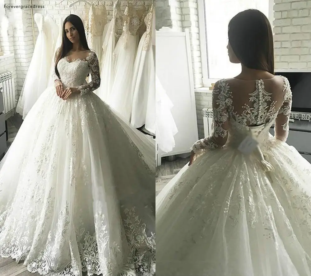 

Vintage Long Sleeves Wedding Dresses 2019 African Saudi Arabic Dubai Sheer Back Formal Bride Bridal Gowns Plus Size Custom Made